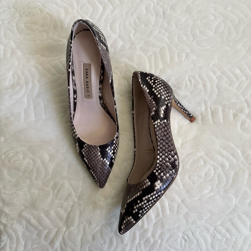 New Zara Snake Print Pattern Brown Embossed Leather Pump Heels Size 5 / 5.5